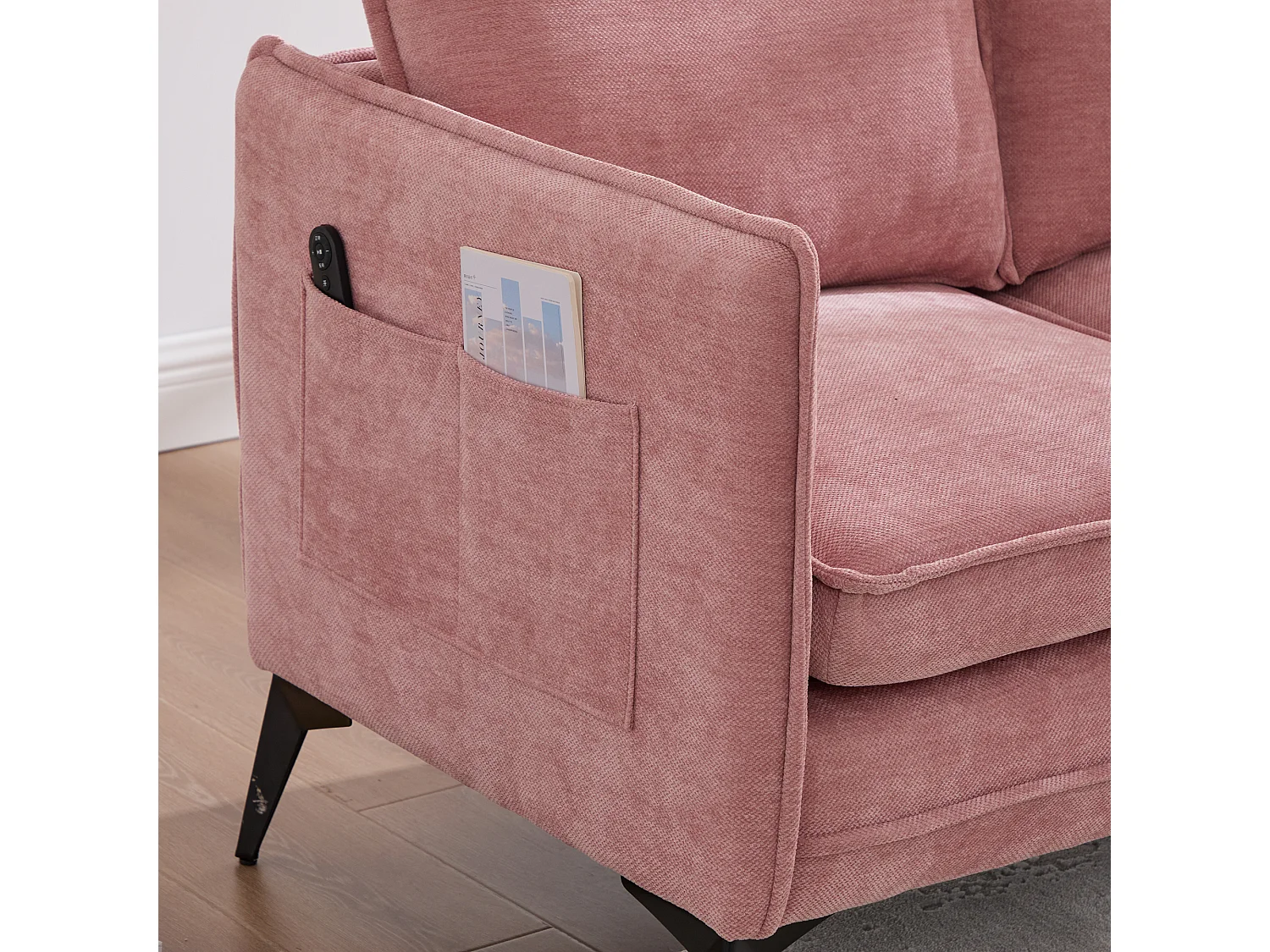 Canapé 2 places en tissu chenille rose – support téléphone – port USB et poches latérales  – Idéal pour salon, bureau ou chambre