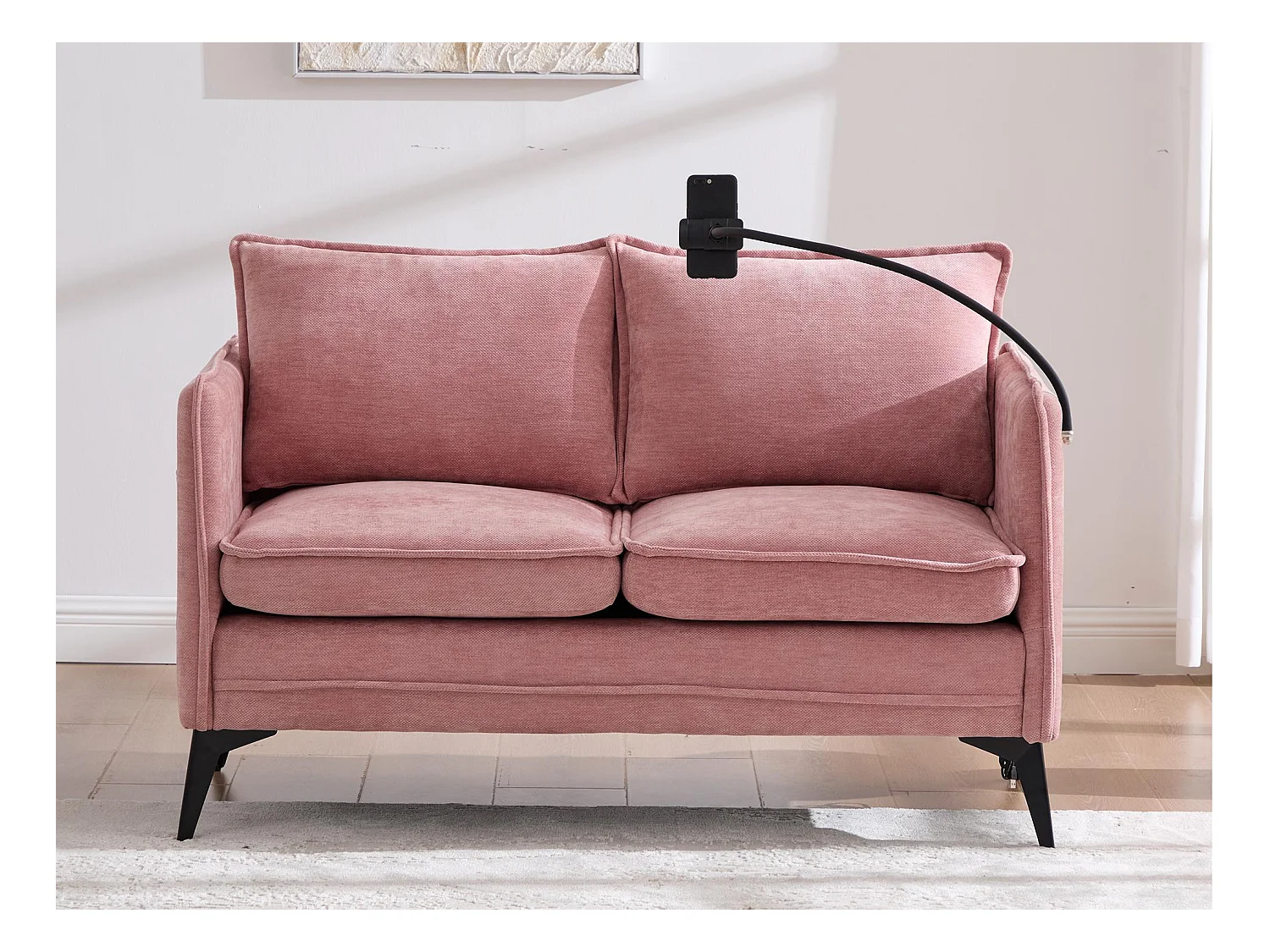 Canapé 2 places en tissu chenille rose – support téléphone – port USB et poches latérales  – Idéal pour salon, bureau ou chambre