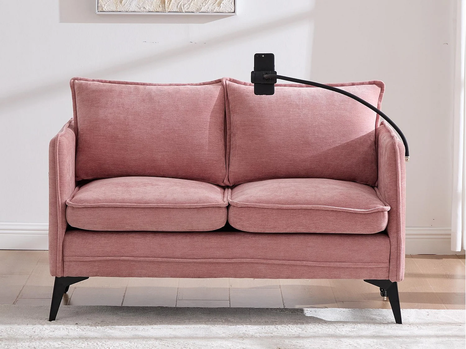 Canapé 2 places en tissu chenille rose – support téléphone – port USB et poches latérales  – Idéal pour salon, bureau ou chambre