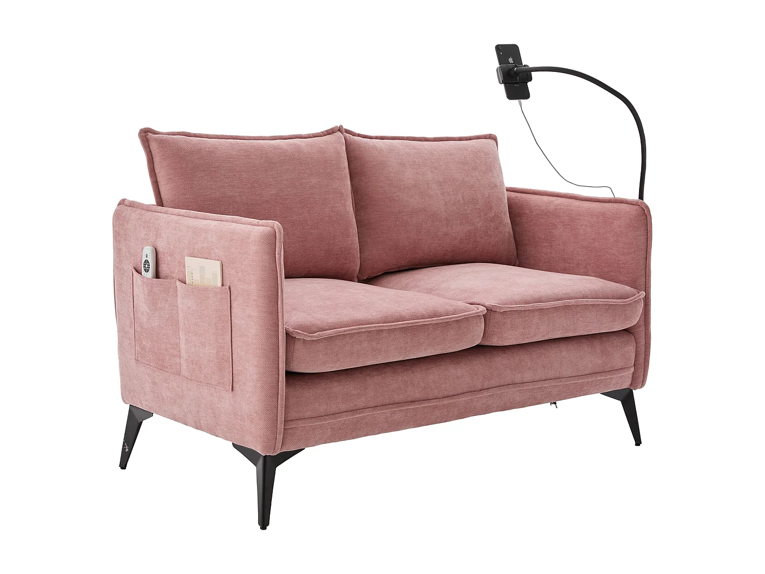 Canapé 2 places en tissu chenille rose – support téléphone – port USB et poches latérales  – Idéal pour salon, bureau ou chambre