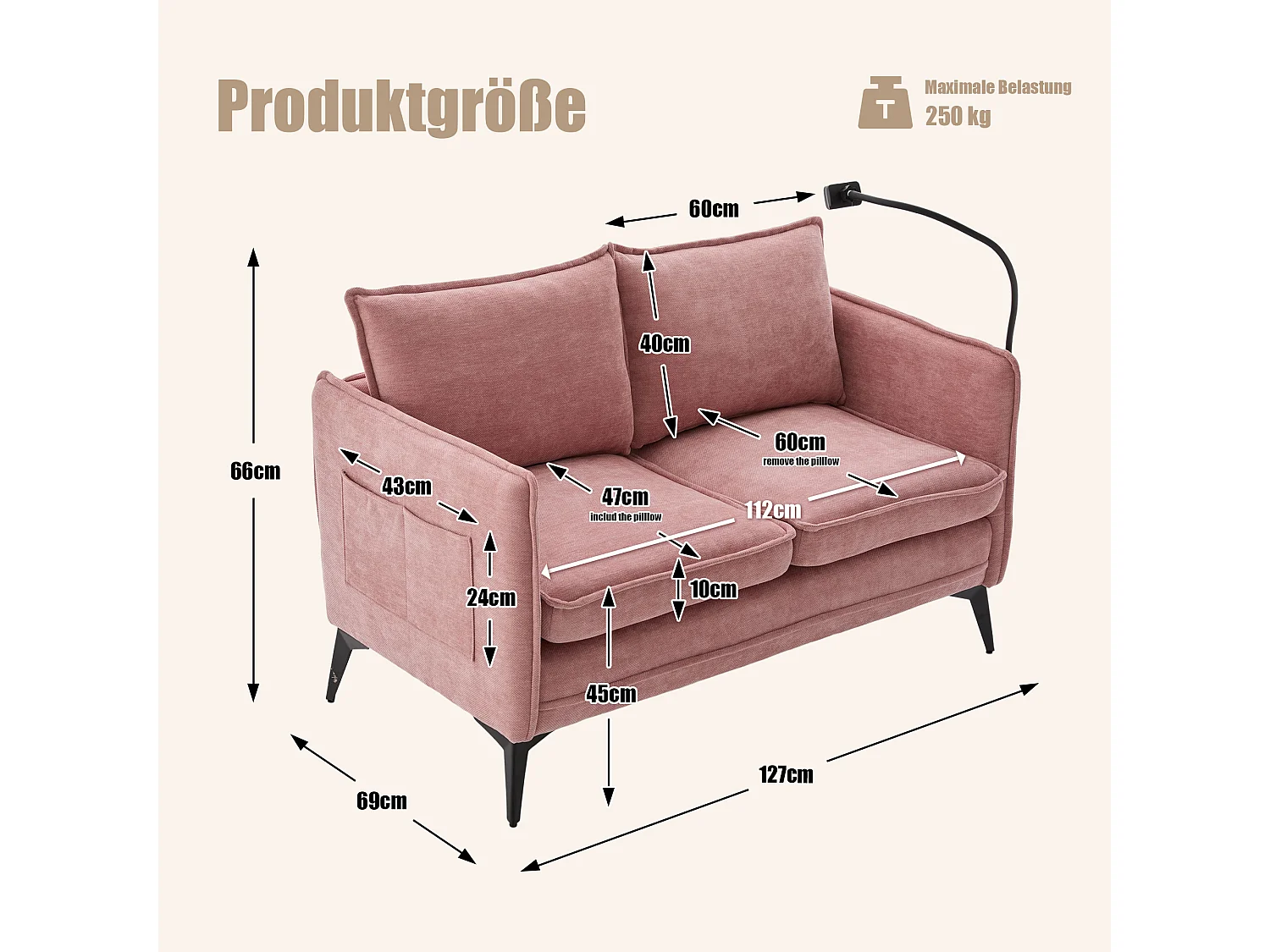 Canapé 2 places en tissu chenille rose – support téléphone – port USB et poches latérales  – Idéal pour salon, bureau ou chambre