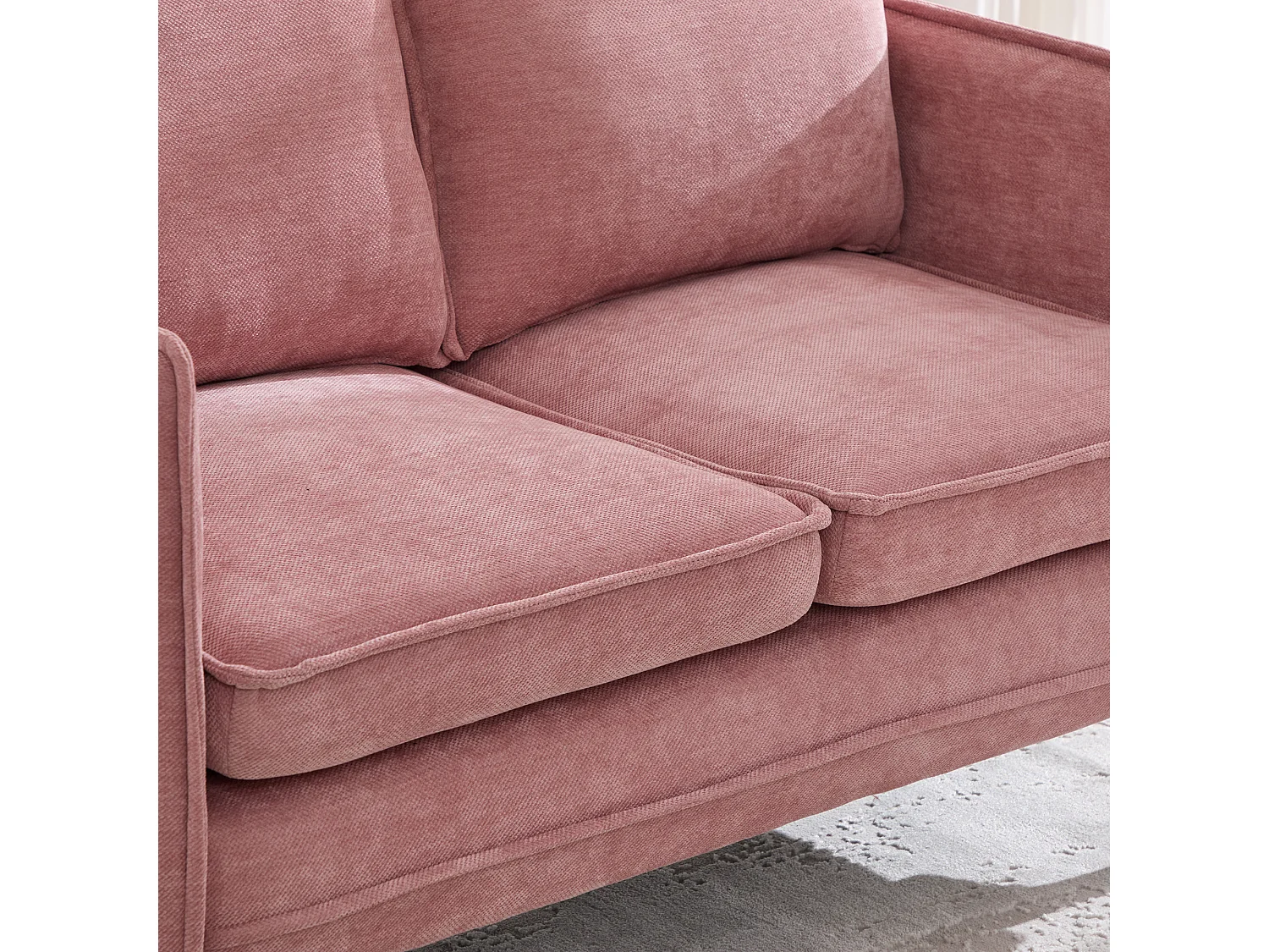 Canapé 2 places en tissu chenille rose – support téléphone – port USB et poches latérales  – Idéal pour salon, bureau ou chambre