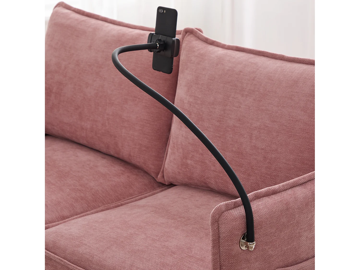 Canapé 2 places en tissu chenille rose – support téléphone – port USB et poches latérales  – Idéal pour salon, bureau ou chambre