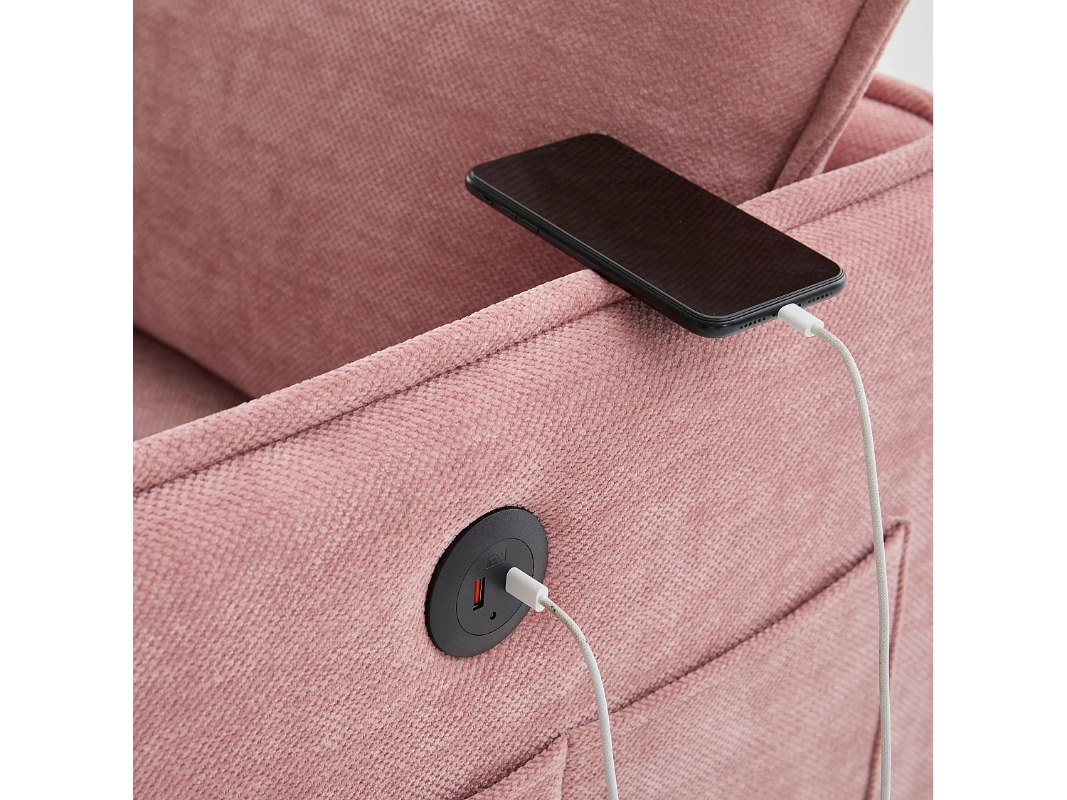 Canapé 2 places en tissu chenille rose – support téléphone – port USB et poches latérales  – Idéal pour salon, bureau ou chambre