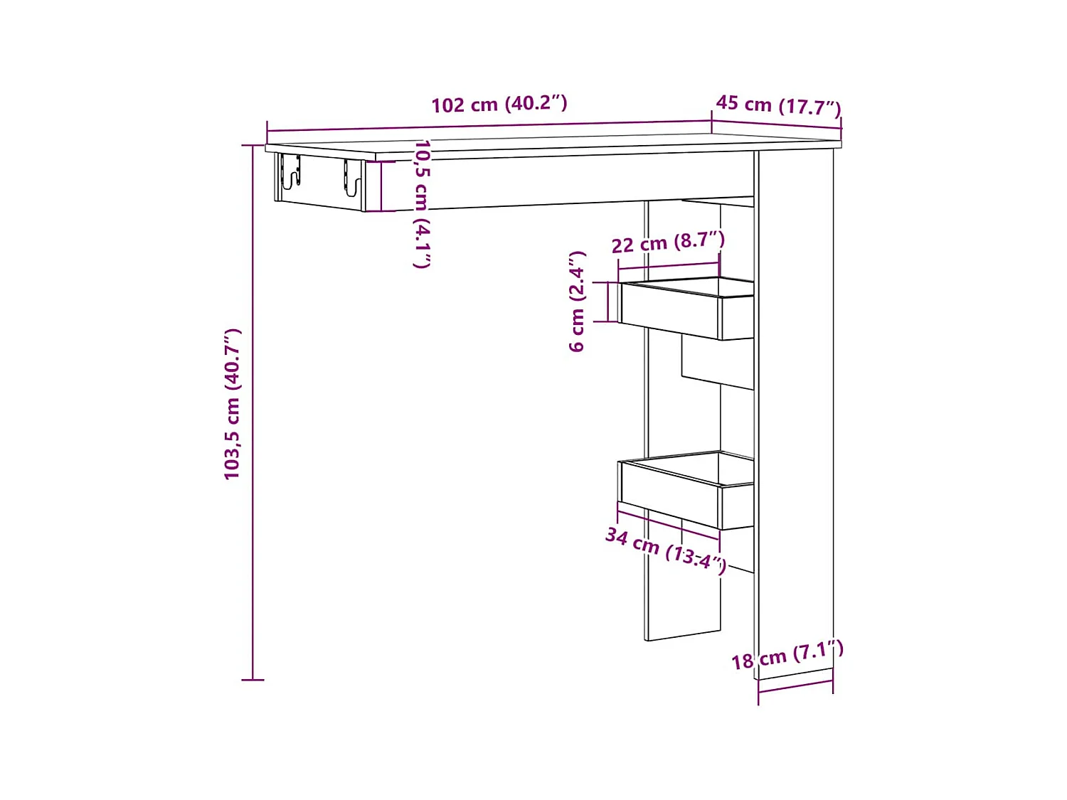 Table de bar murale chêne artisanal bois d'ingénierie