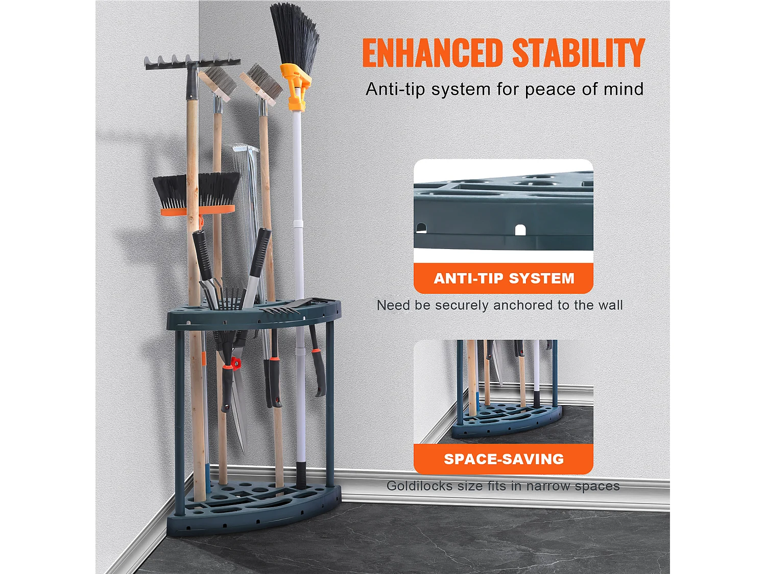 Support de Rangement, SucceBuy Support de Rangement d’Angle pour Outils de Jardin, Support pour Balai et Serpillère à 19 Emplacements