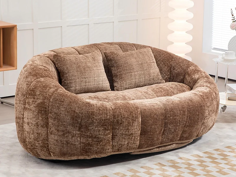 Canapé pouf 2 places café en chenille – avec deux coussins confortables - fauteuil pouf haut dossier – ultra durable et confortable