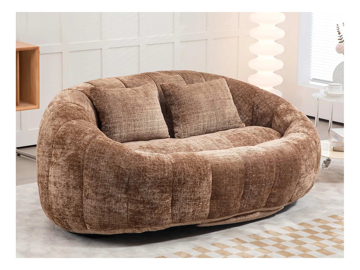 Canapé pouf 2 places café en chenille – avec deux coussins confortables - fauteuil pouf haut dossier – ultra durable et confortable