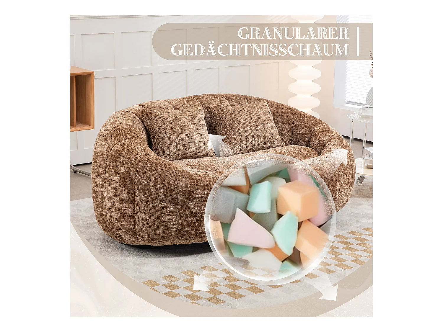 Canapé pouf 2 places café en chenille – avec deux coussins confortables - fauteuil pouf haut dossier – ultra durable et confortable