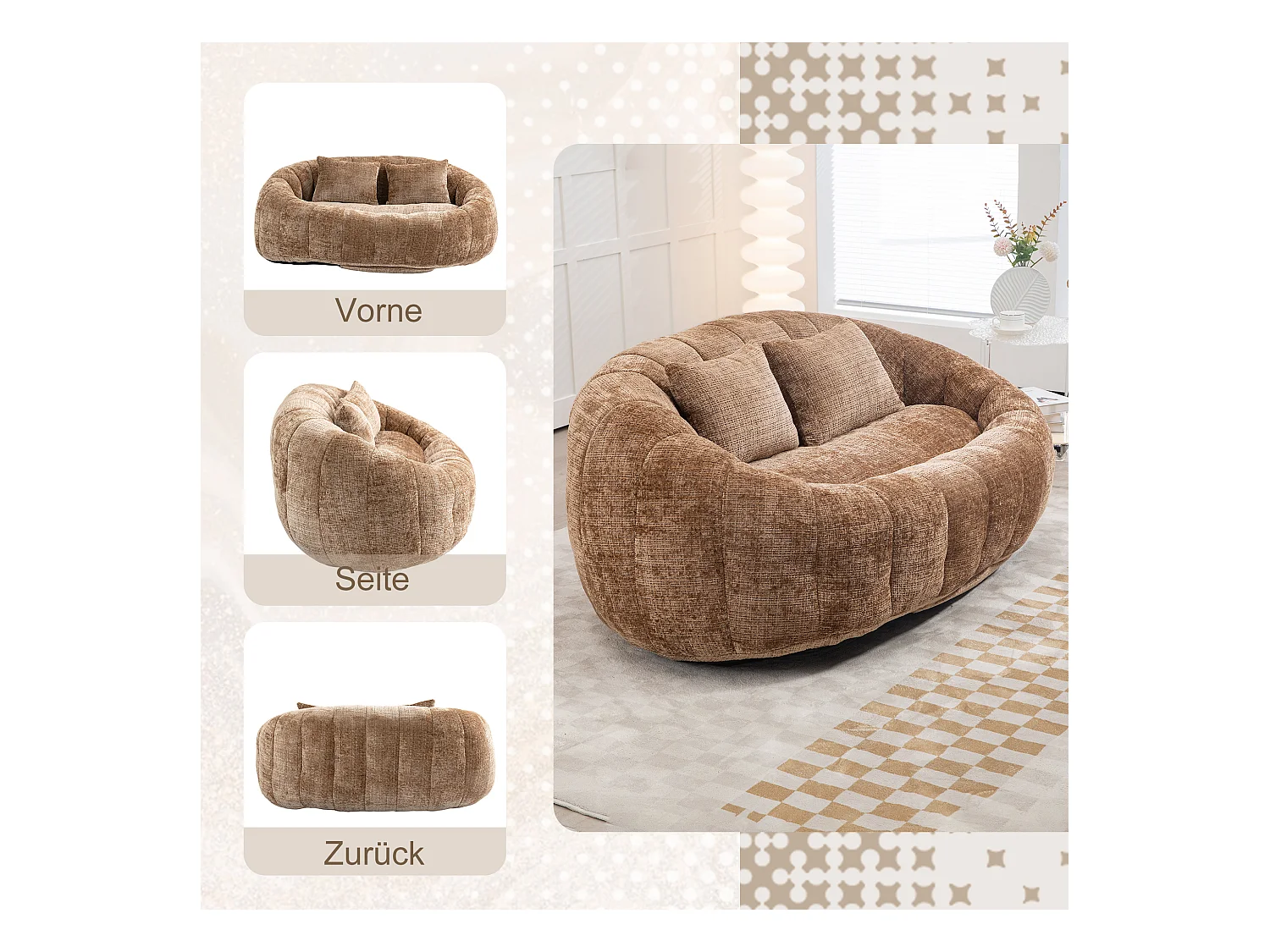 Canapé pouf 2 places café en chenille – avec deux coussins confortables - fauteuil pouf haut dossier – ultra durable et confortable
