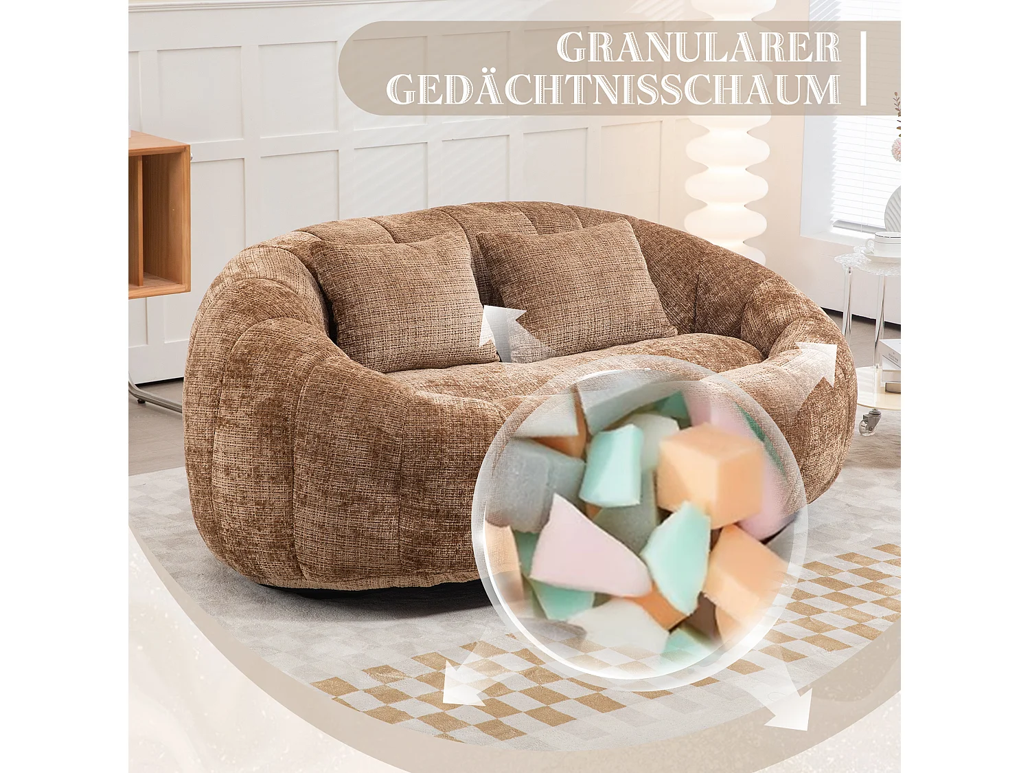 Canapé pouf 2 places café en chenille – avec deux coussins confortables - fauteuil pouf haut dossier – ultra durable et confortable