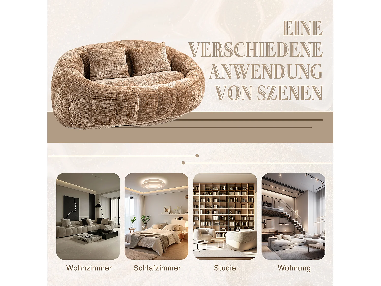 Canapé pouf 2 places café en chenille – avec deux coussins confortables - fauteuil pouf haut dossier – ultra durable et confortable