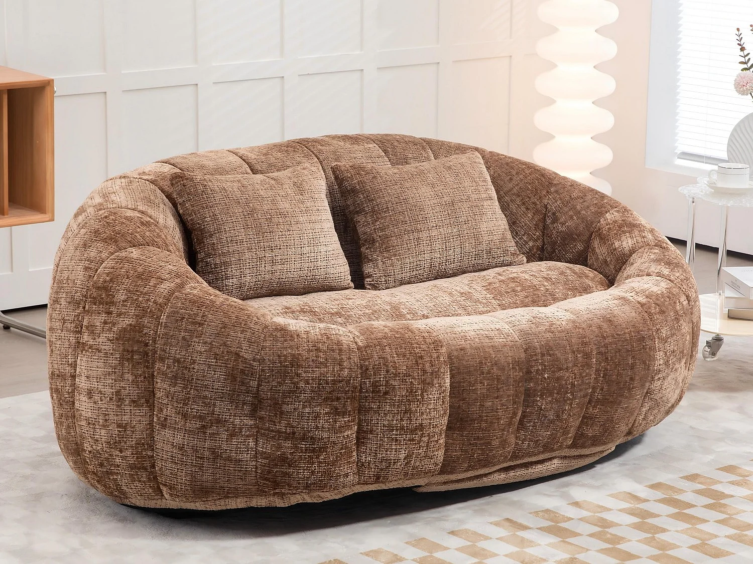 Canapé pouf 2 places café en chenille – avec deux coussins confortables - fauteuil pouf haut dossier – ultra durable et confortable