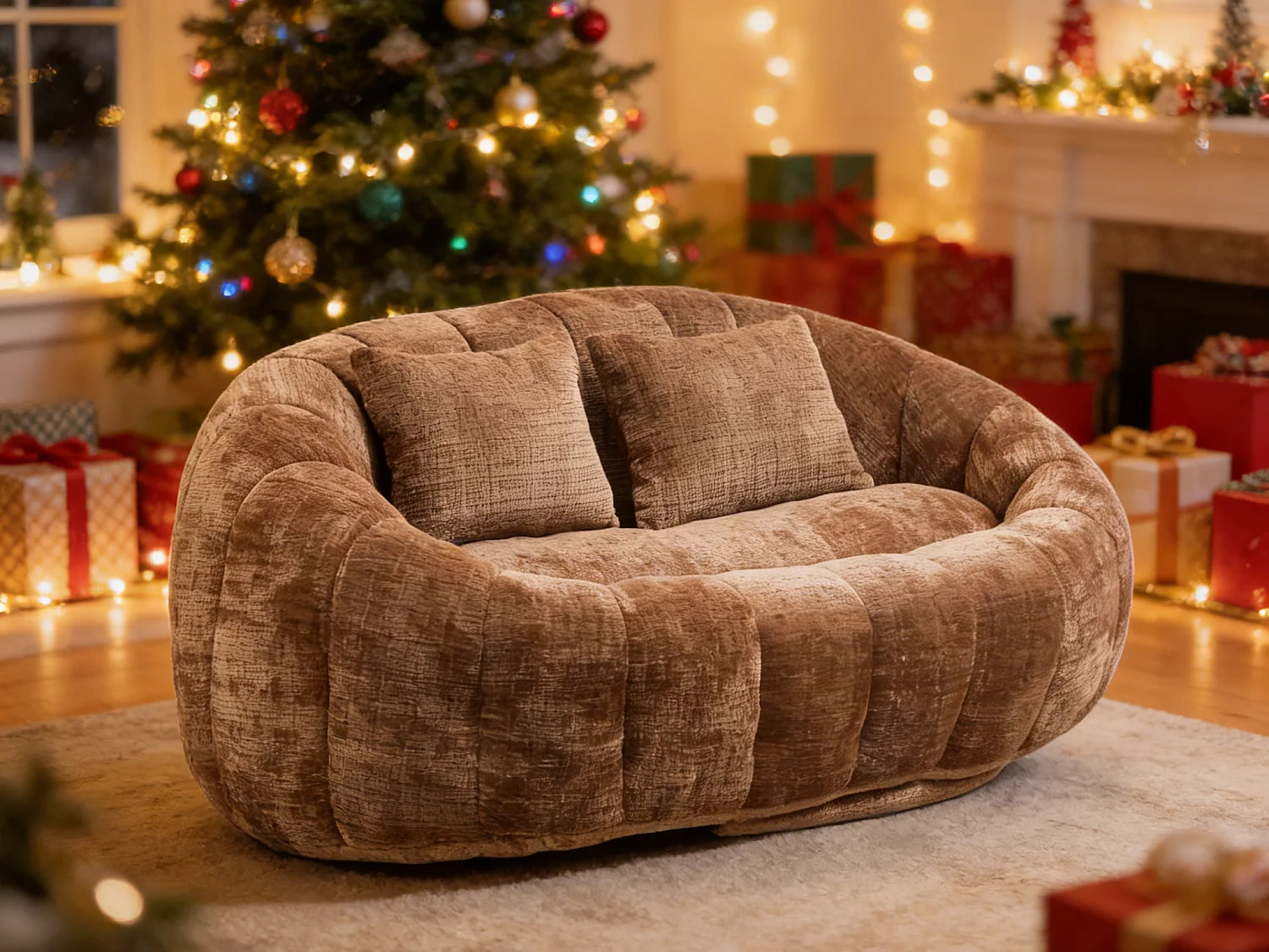 Sillón puf clásico de chenilla - 2 plazas con cojines incluidos - Función tumbona