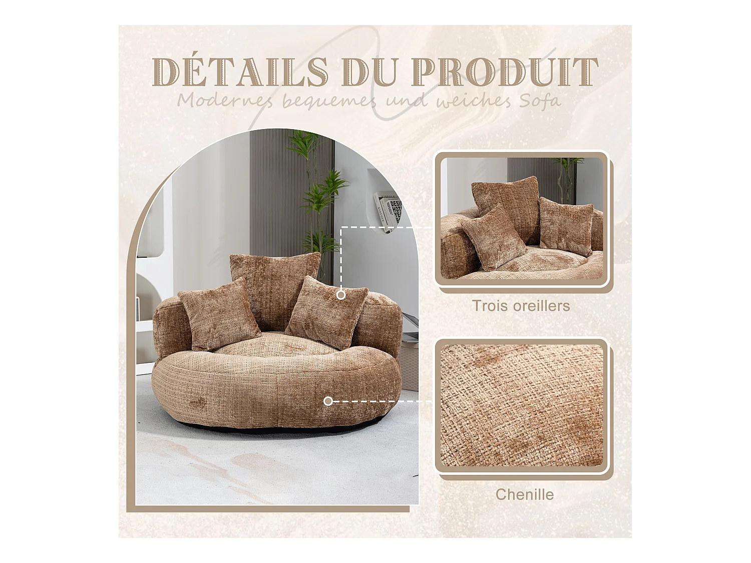 Fauteuil pouf taupe – haut dossier – grand modèle – 3 coussins inclus – ultra moelleux et usage multi-situations - pour adultes et enfants