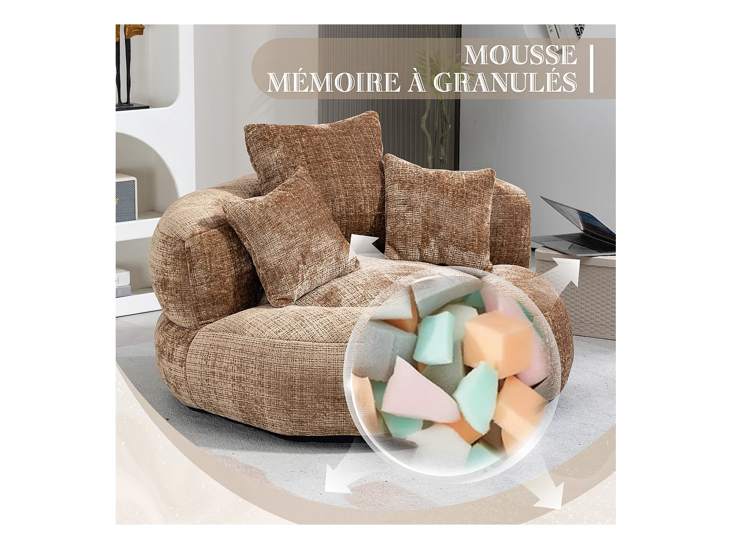 Fauteuil pouf taupe – haut dossier – grand modèle – 3 coussins inclus – ultra moelleux et usage multi-situations - pour adultes et enfants