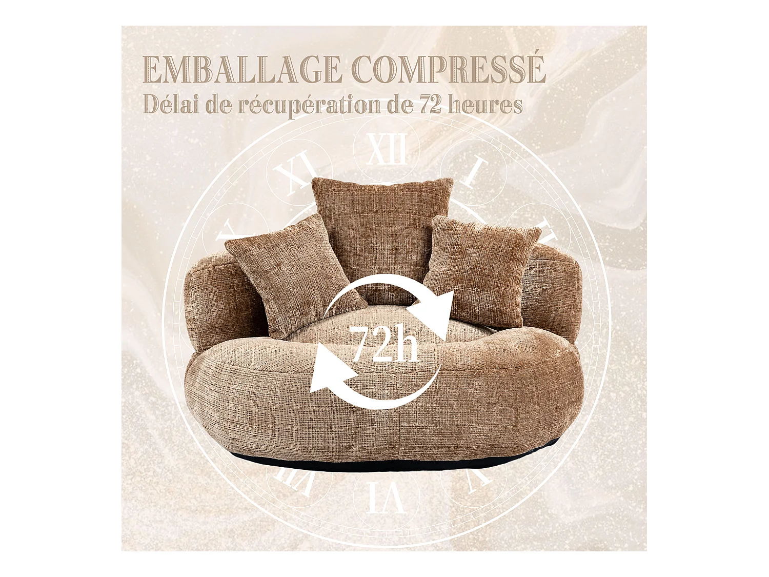Fauteuil pouf taupe – haut dossier – grand modèle – 3 coussins inclus – ultra moelleux et usage multi-situations - pour adultes et enfants