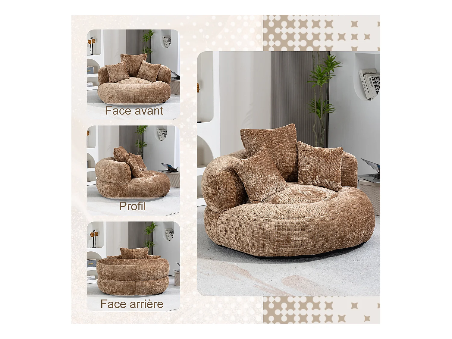 Fauteuil pouf taupe – haut dossier – grand modèle – 3 coussins inclus – ultra moelleux et usage multi-situations - pour adultes et enfants