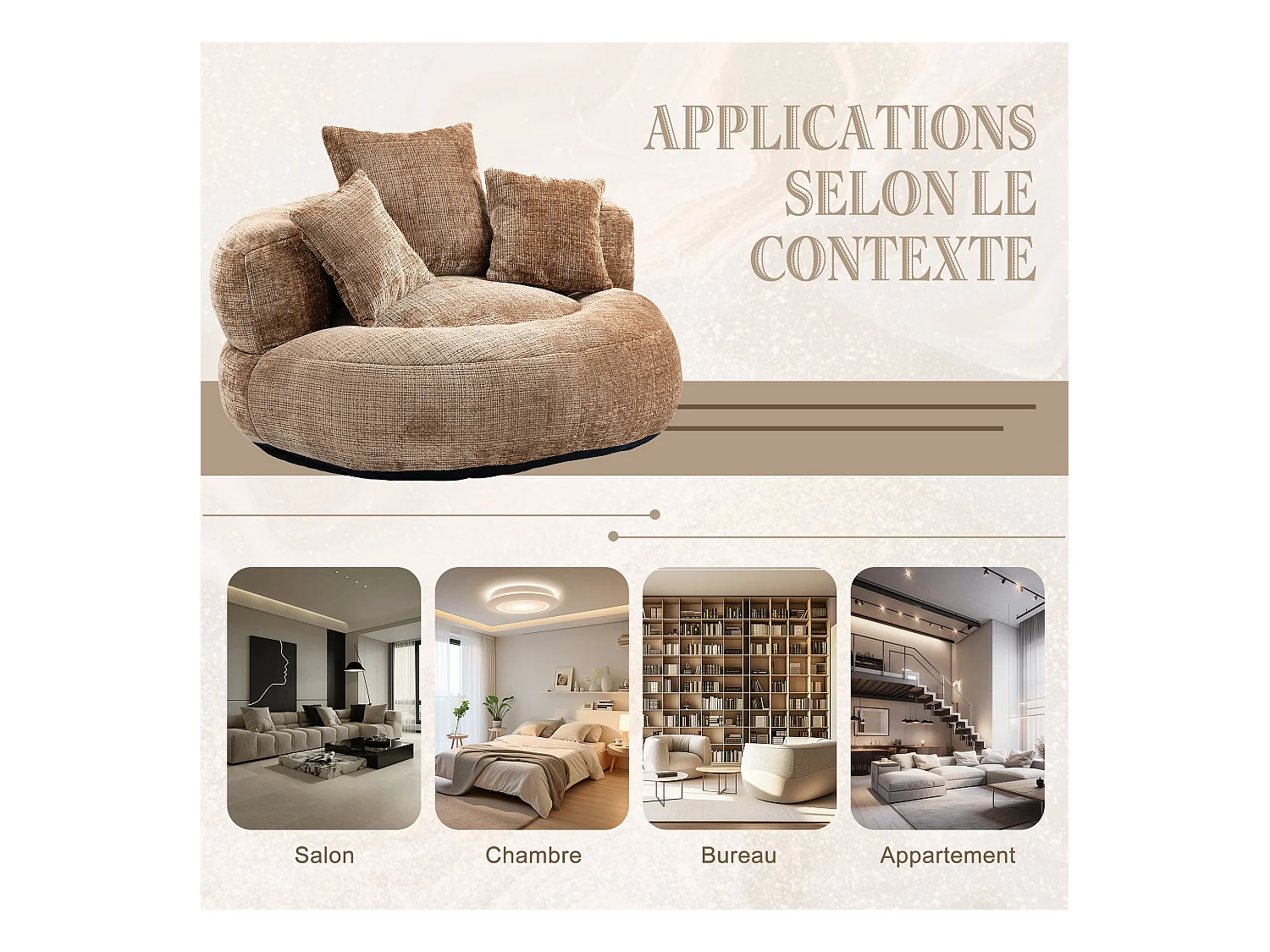 Fauteuil pouf taupe – haut dossier – grand modèle – 3 coussins inclus – ultra moelleux et usage multi-situations - pour adultes et enfants