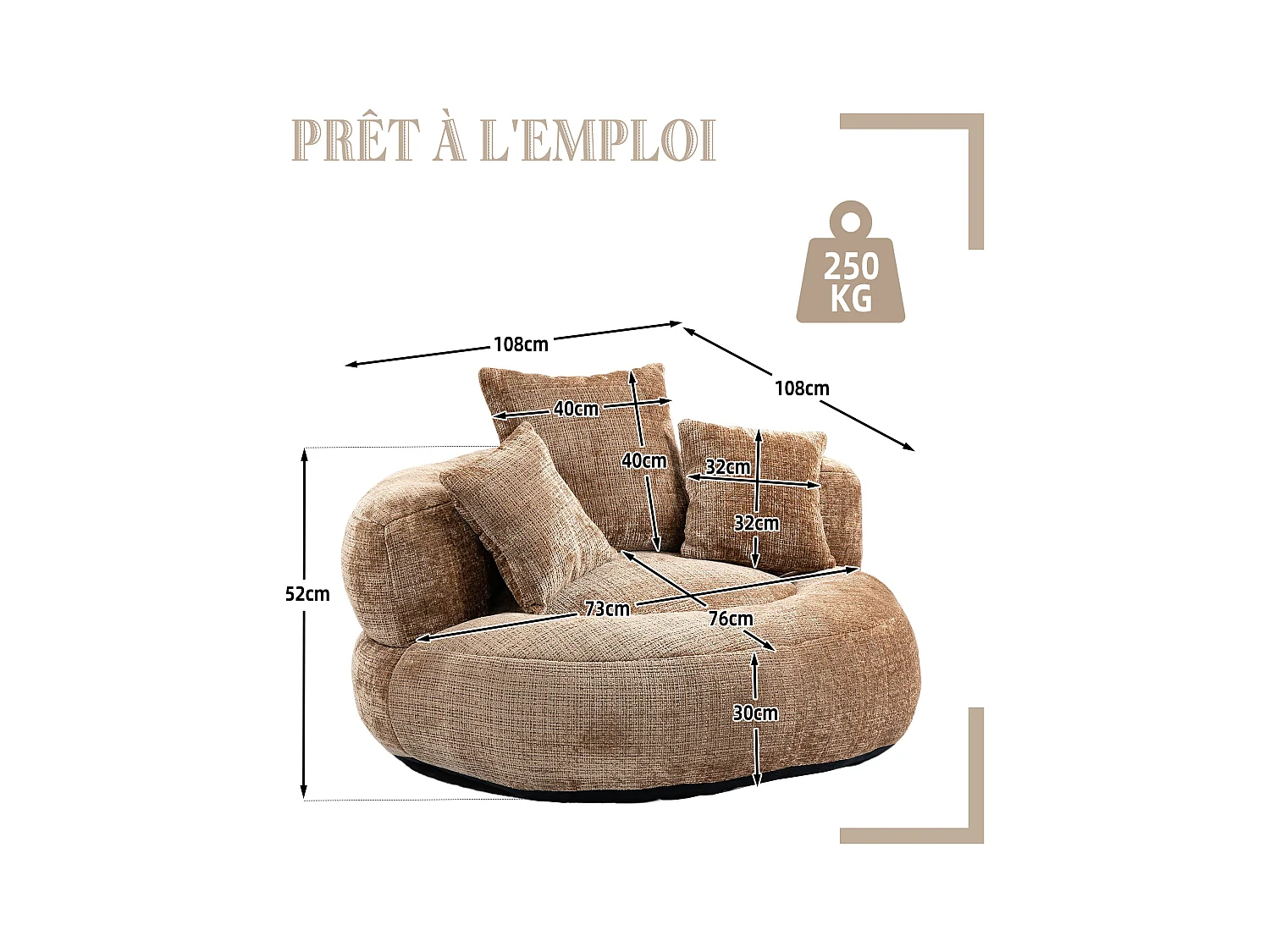 Fauteuil pouf taupe – haut dossier – grand modèle – 3 coussins inclus – ultra moelleux et usage multi-situations - pour adultes et enfants