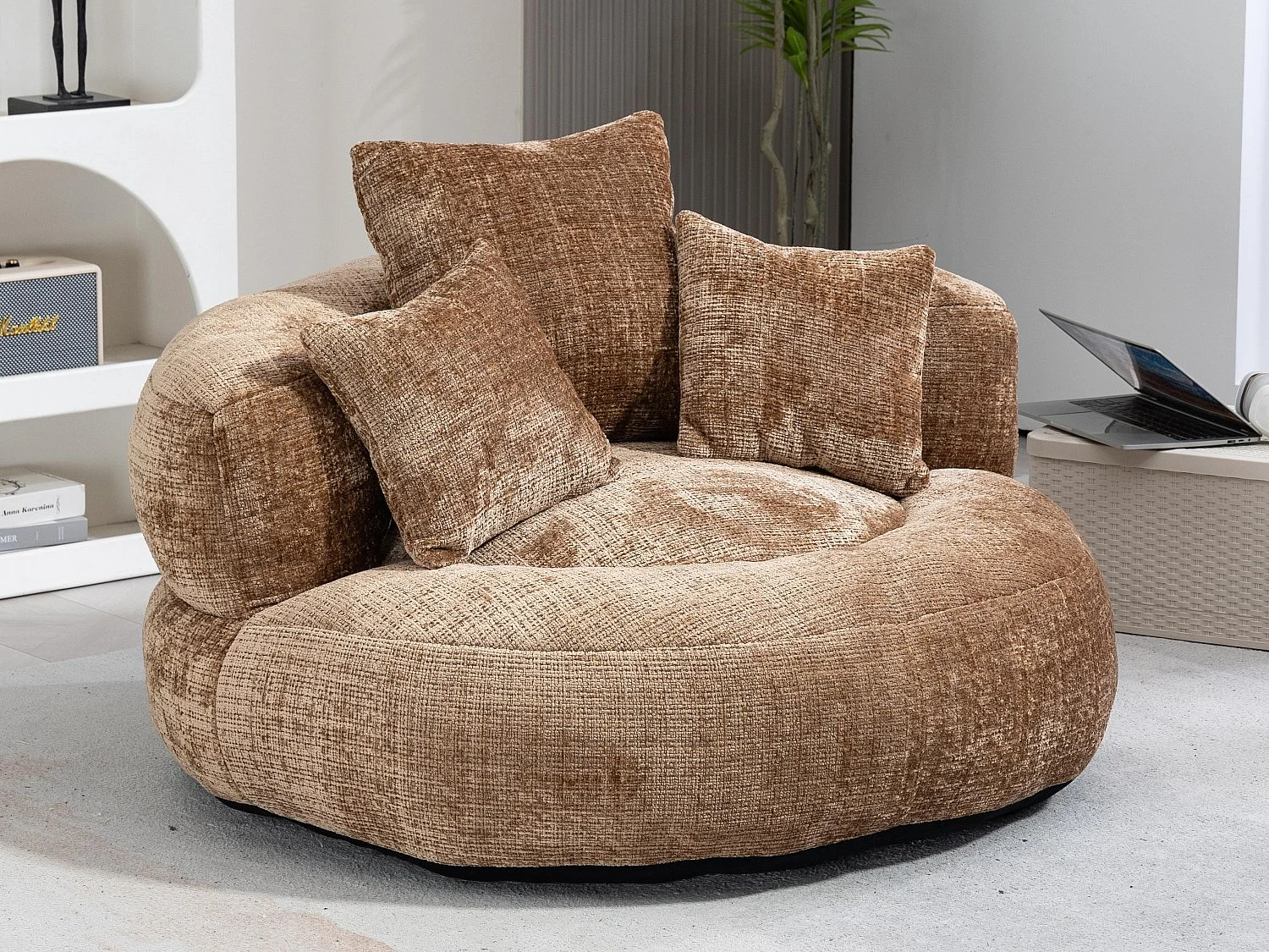 Fauteuil pouf taupe – haut dossier – grand modèle – 3 coussins inclus – ultra moelleux et usage multi-situations - pour adultes et enfants