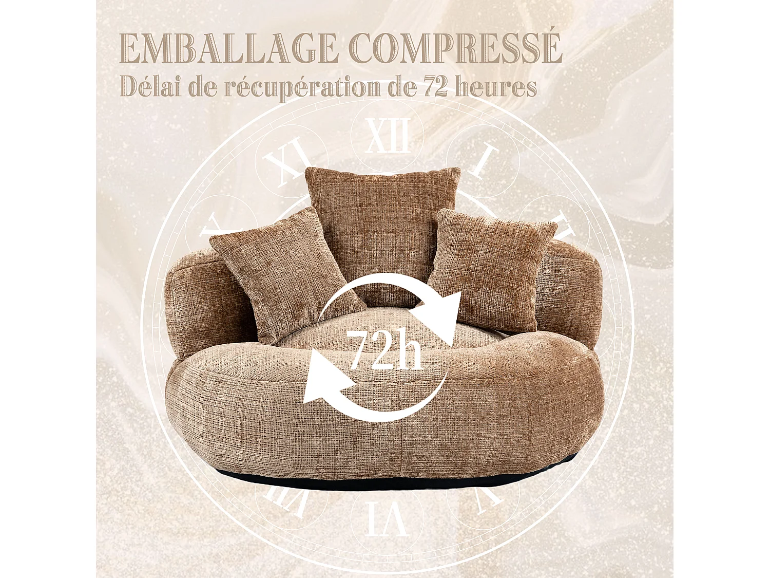 Fauteuil pouf taupe – haut dossier – grand modèle – 3 coussins inclus – ultra moelleux et usage multi-situations - pour adultes et enfants