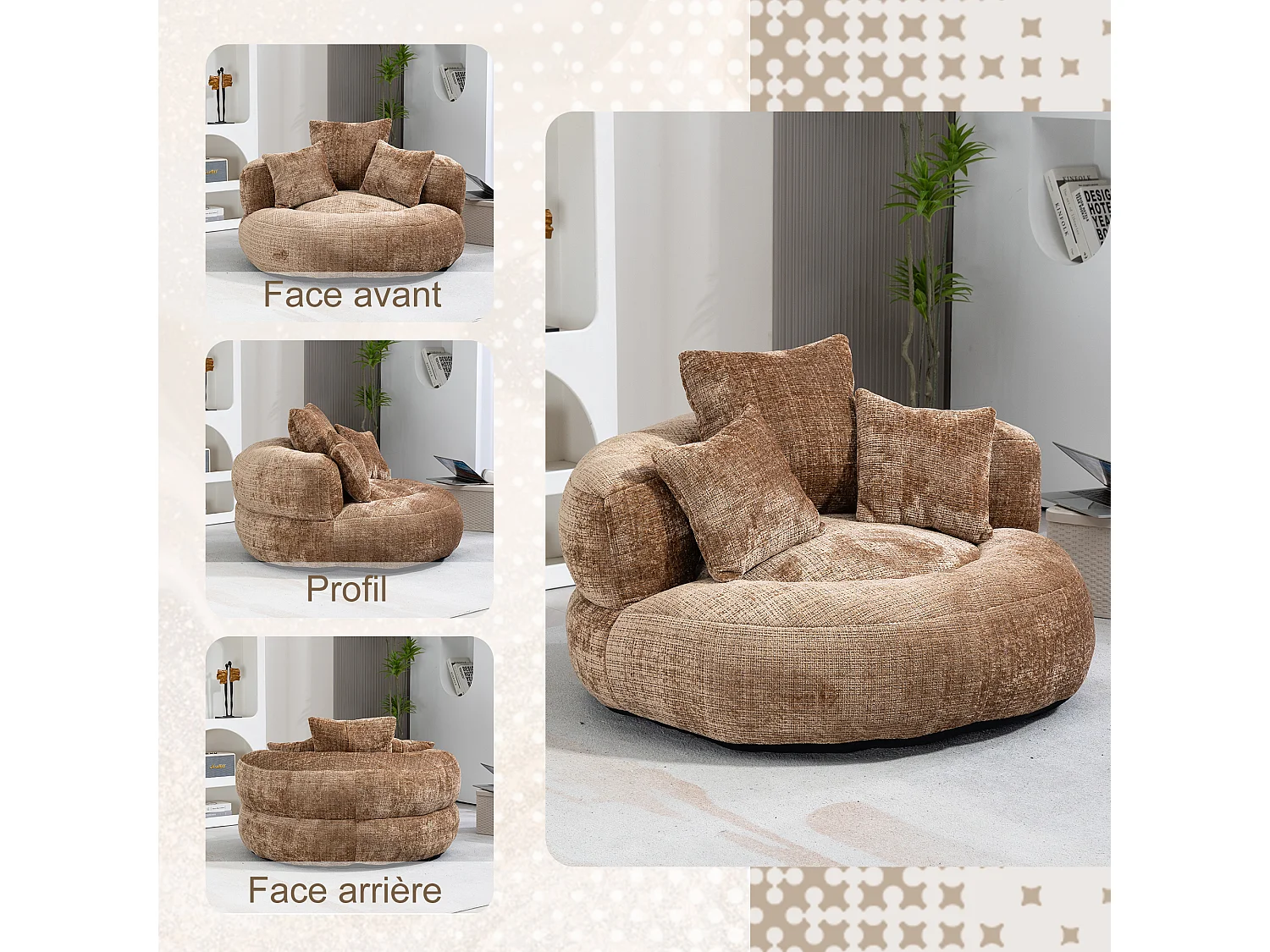 Fauteuil pouf taupe – haut dossier – grand modèle – 3 coussins inclus – ultra moelleux et usage multi-situations - pour adultes et enfants