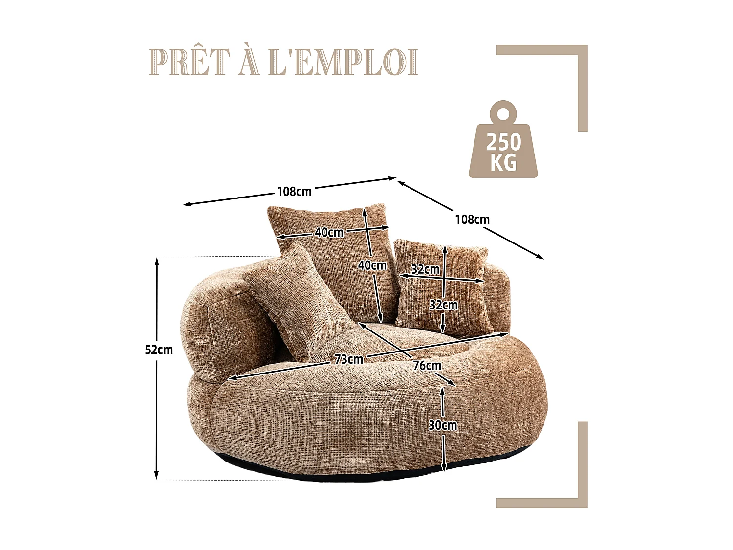 Fauteuil pouf taupe – haut dossier – grand modèle – 3 coussins inclus – ultra moelleux et usage multi-situations - pour adultes et enfants