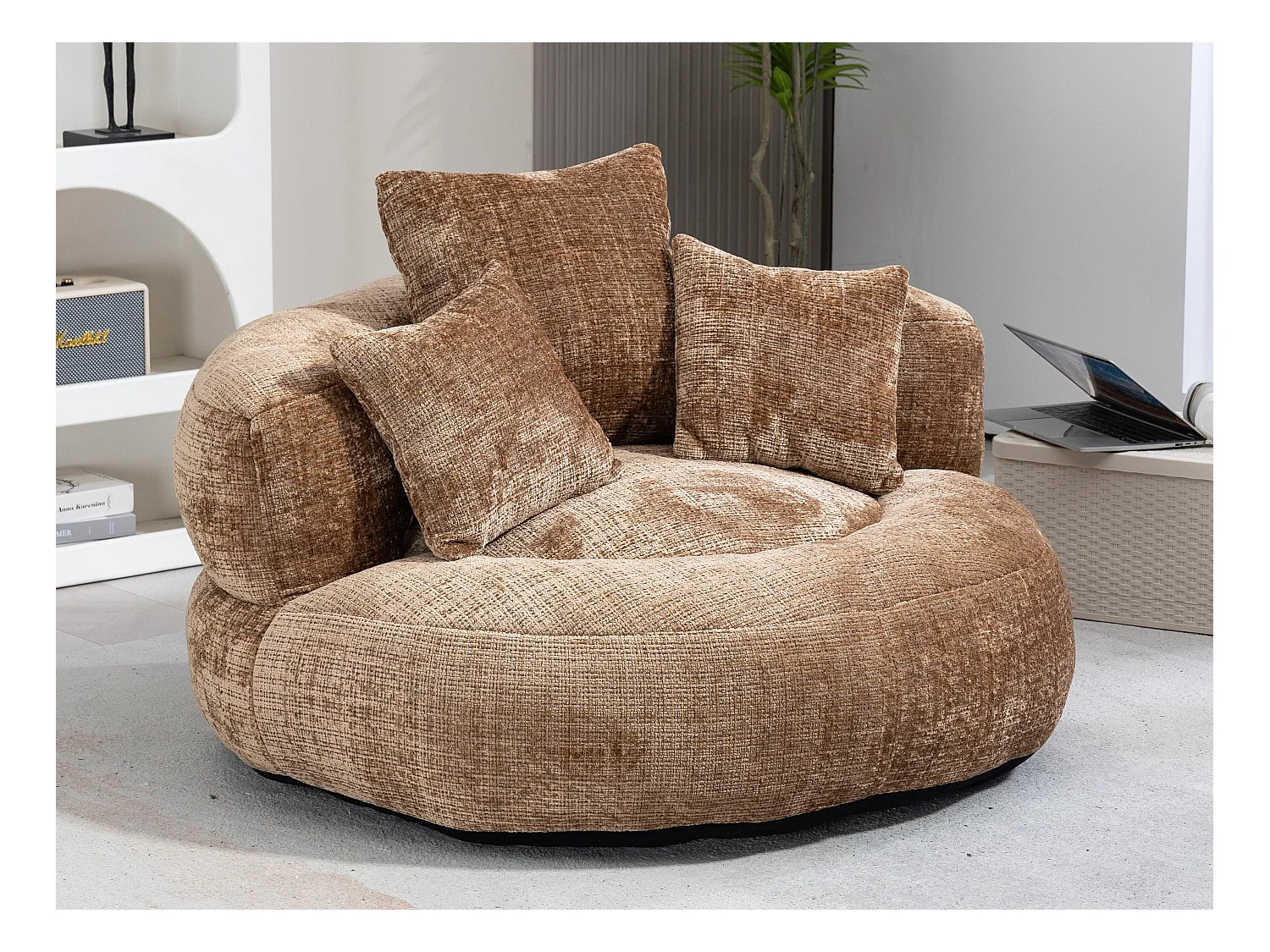 Fauteuil pouf taupe – haut dossier – grand modèle – 3 coussins inclus – ultra moelleux et usage multi-situations - pour adultes et enfants