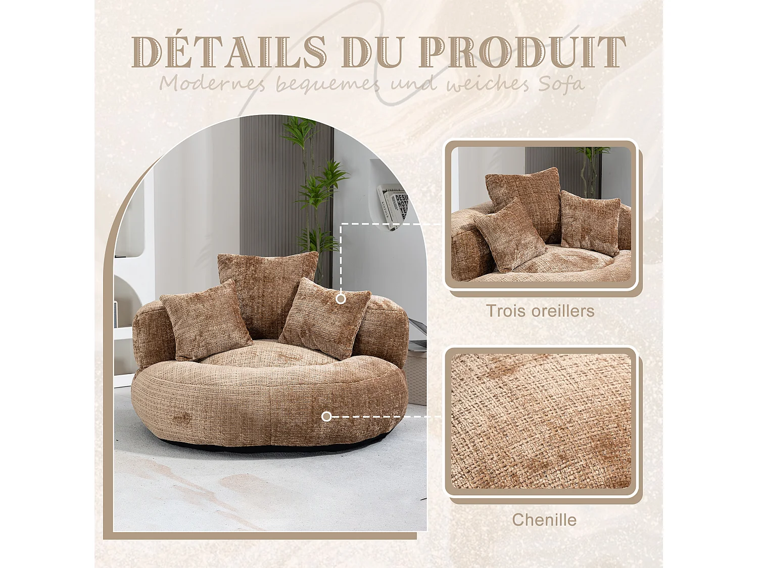 Fauteuil pouf taupe – haut dossier – grand modèle – 3 coussins inclus – ultra moelleux et usage multi-situations - pour adultes et enfants