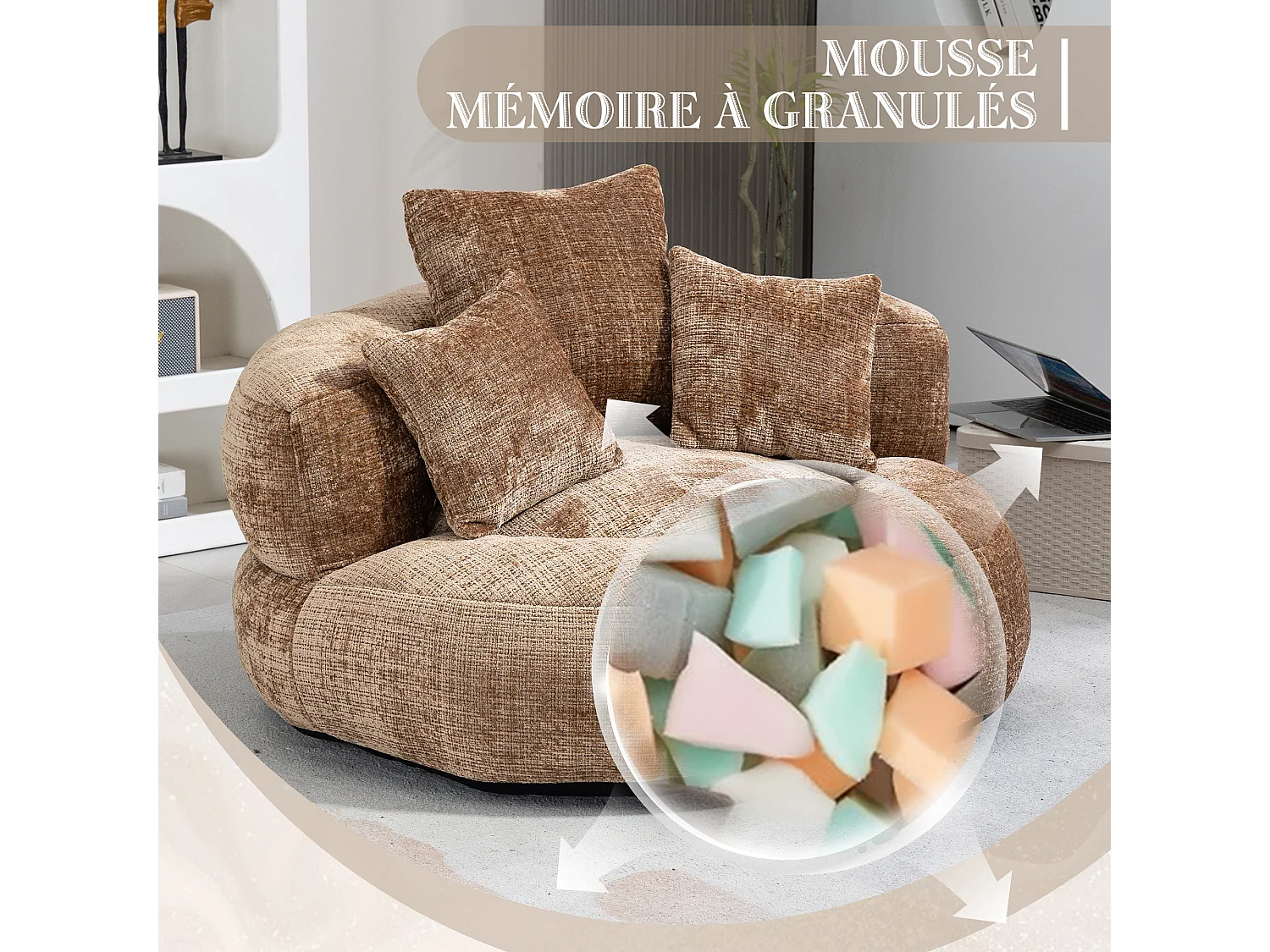 Fauteuil pouf taupe – haut dossier – grand modèle – 3 coussins inclus – ultra moelleux et usage multi-situations - pour adultes et enfants