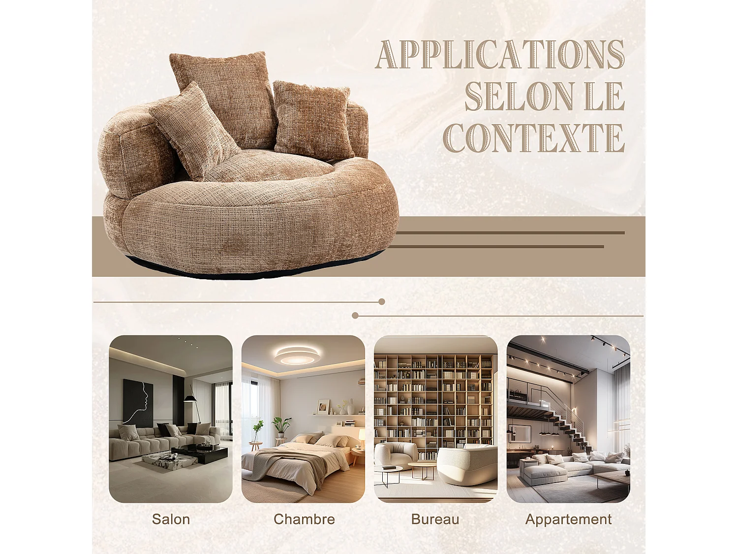 Fauteuil pouf taupe – haut dossier – grand modèle – 3 coussins inclus – ultra moelleux et usage multi-situations - pour adultes et enfants