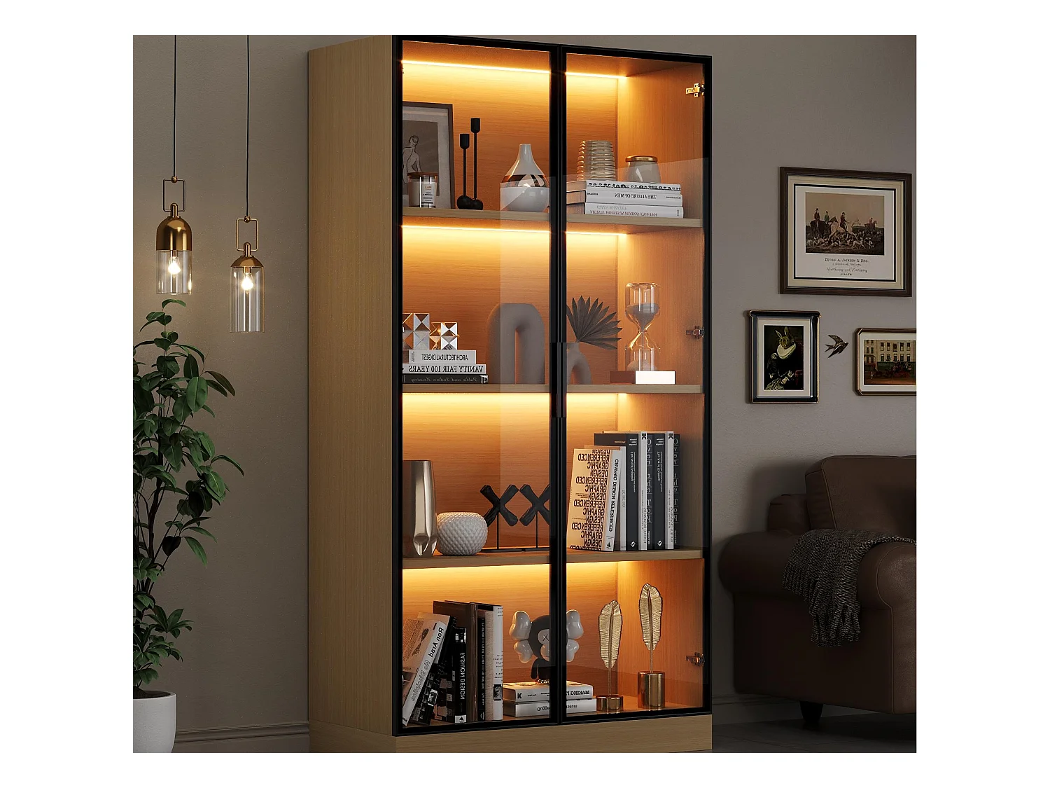 Witryna 70×40×160 cm - oświetlenie LED - 2 drzwi ze szkła hartowanego - naturalny