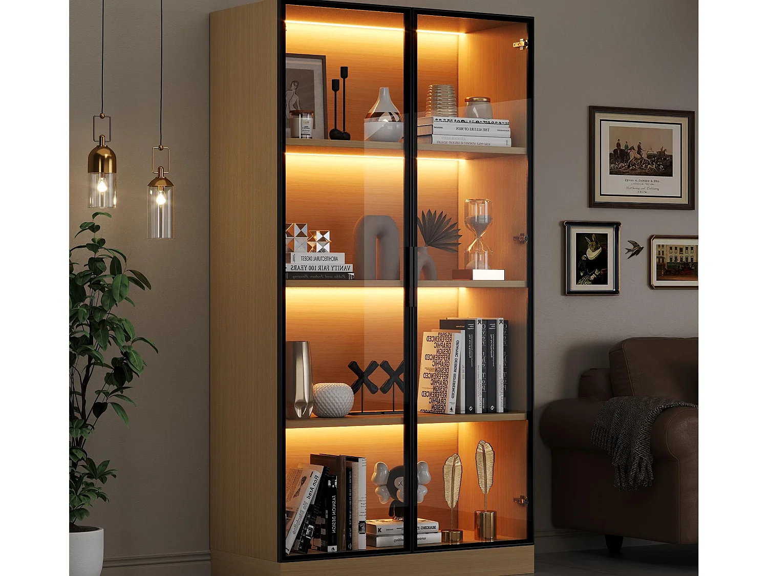 Vitrinekast 70×40×160 cm - LED-verlichting - 2 gehard glazen deuren - naturel