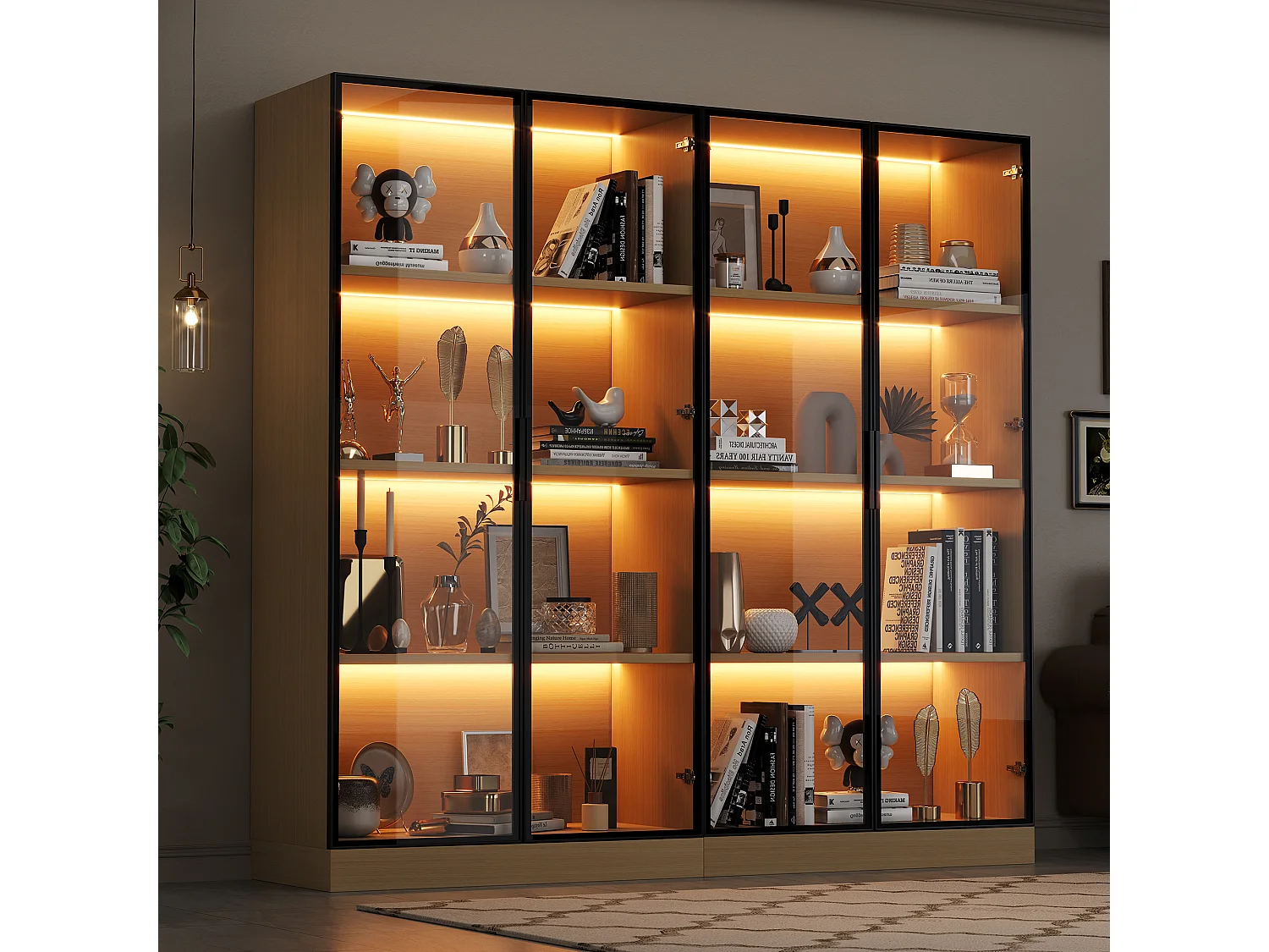 Vitrinekast 70×40×160 cm - LED-verlichting - 2 gehard glazen deuren - naturel