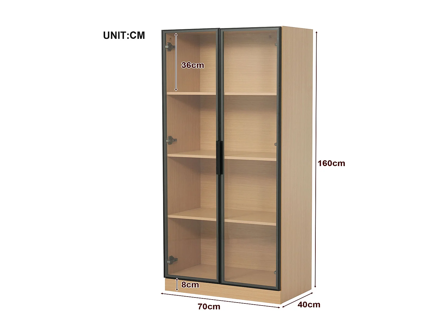 Vitrinekast 70×40×160 cm - LED-verlichting - 2 gehard glazen deuren - naturel