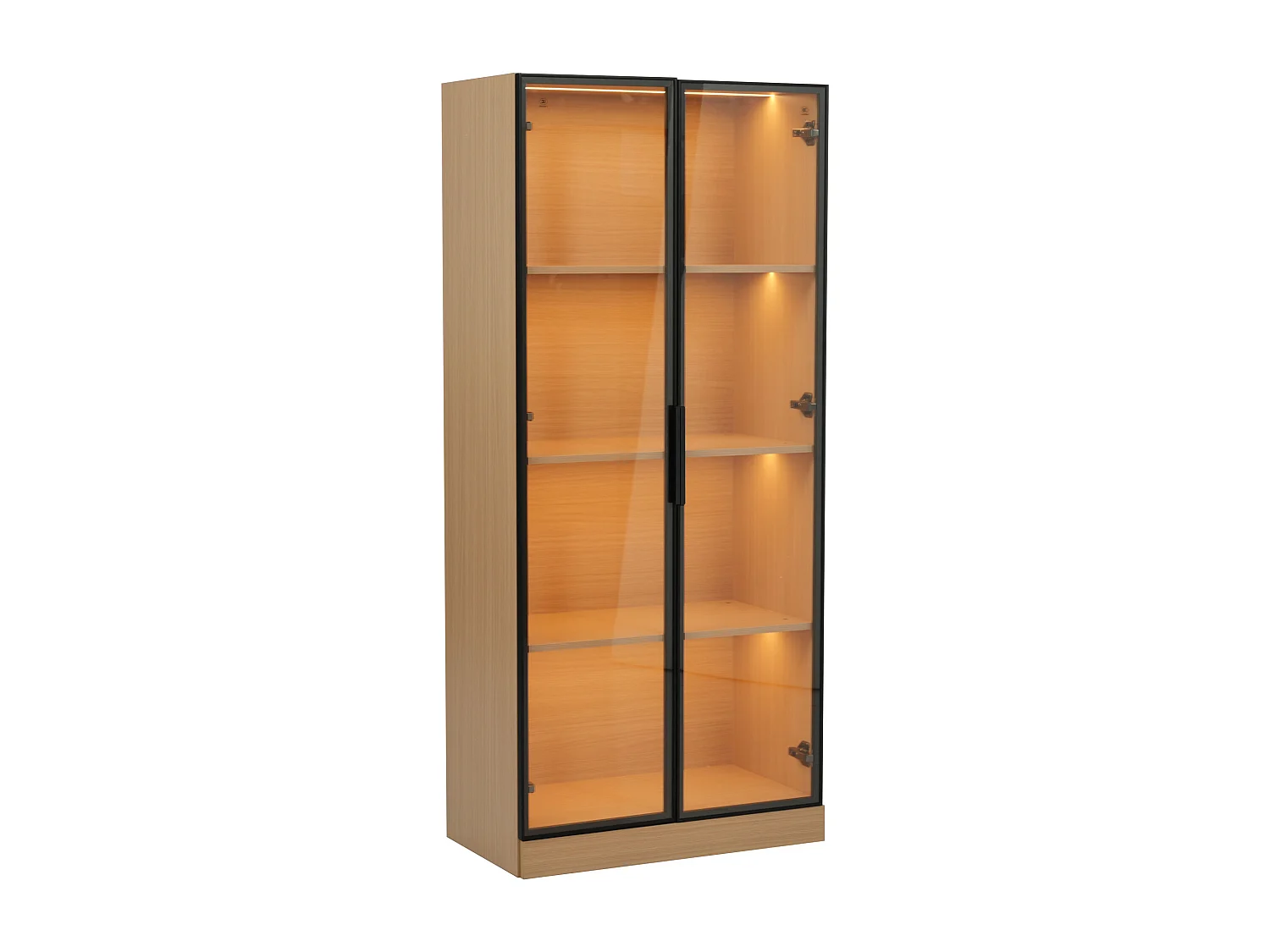 Vitrinekast 70×40×160 cm - LED-verlichting - 2 gehard glazen deuren - naturel