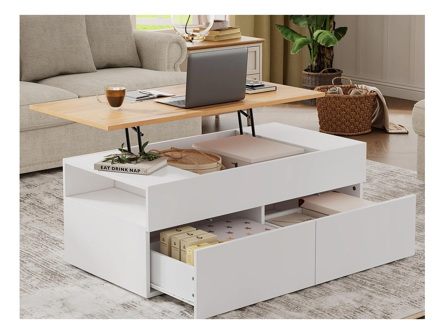 Table basse relevable 100x50x40cm - avec 2 tiroirs - MDF - Blanc + Naturel