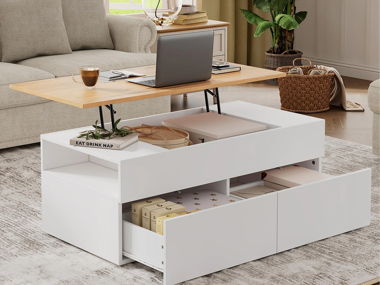 Höhenverstellbarer Couchtisch 100×50×40 cm - mit 2 Schubladen - MDF - weiß + natur