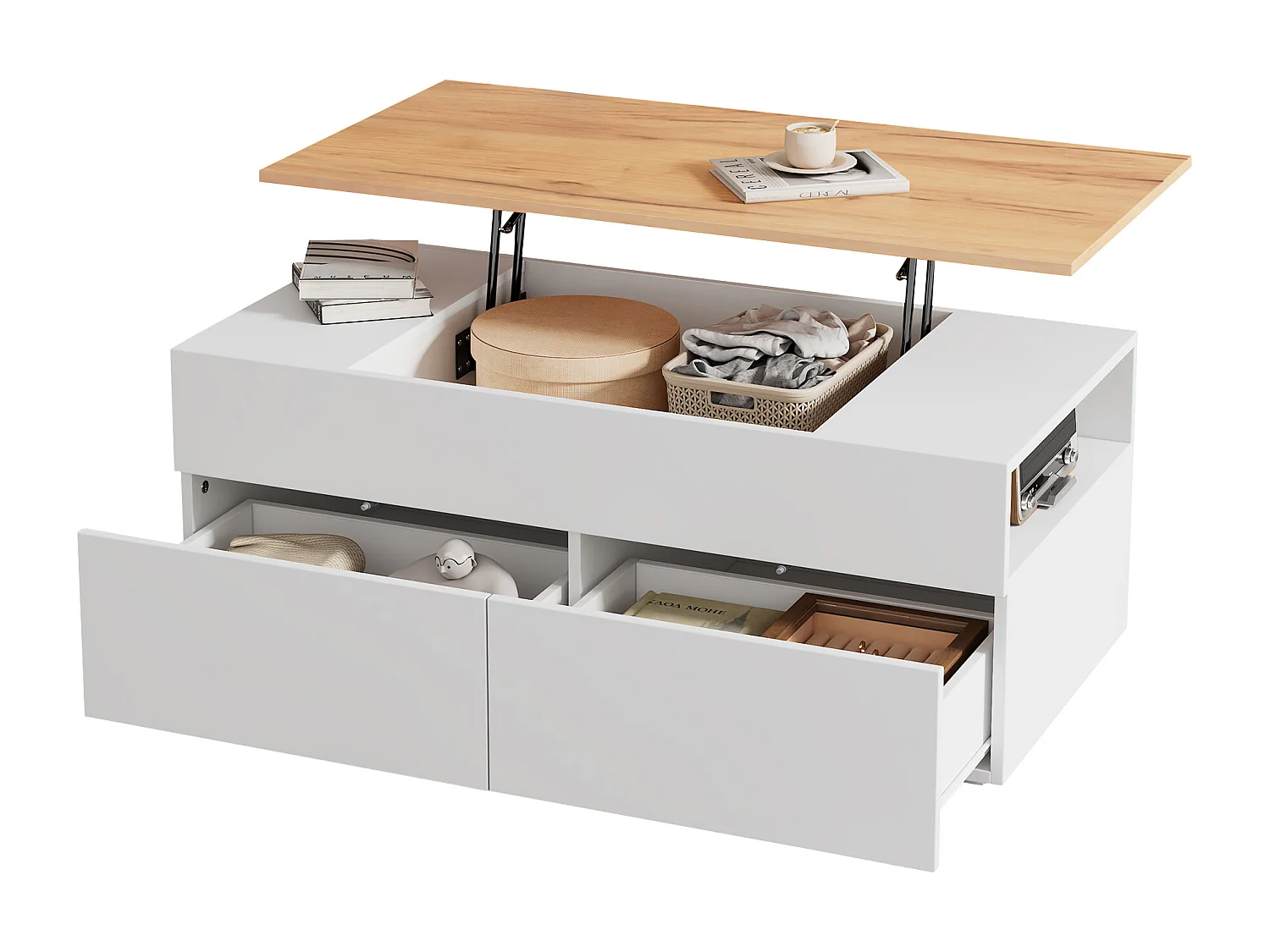 Höhenverstellbarer Couchtisch 100×50×40 cm - mit 2 Schubladen - MDF - weiß + natur