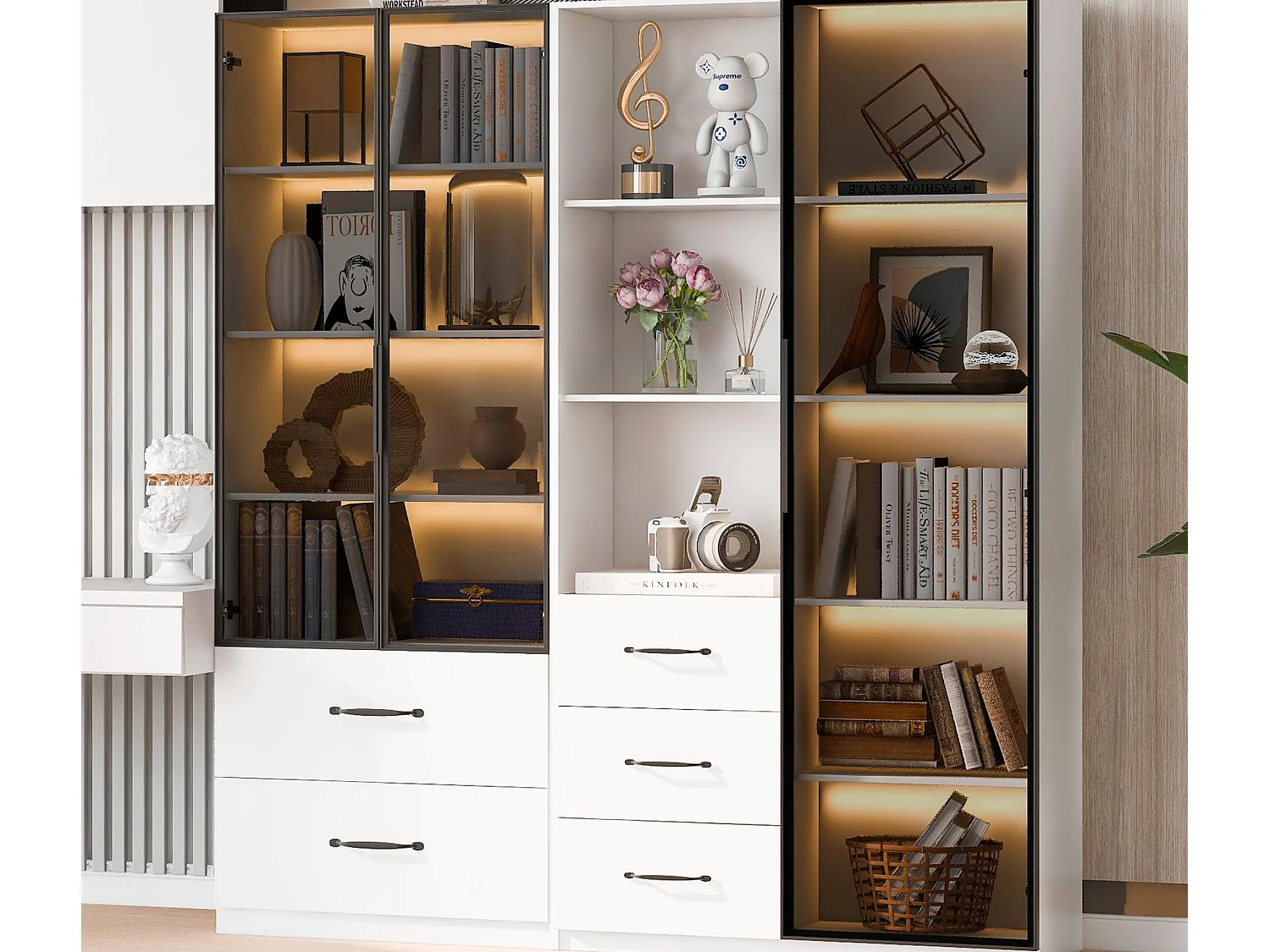 Vitrinekast 140×40×160 cm - met LED-verlichting - 3 glazen deuren - 5 laden - wit