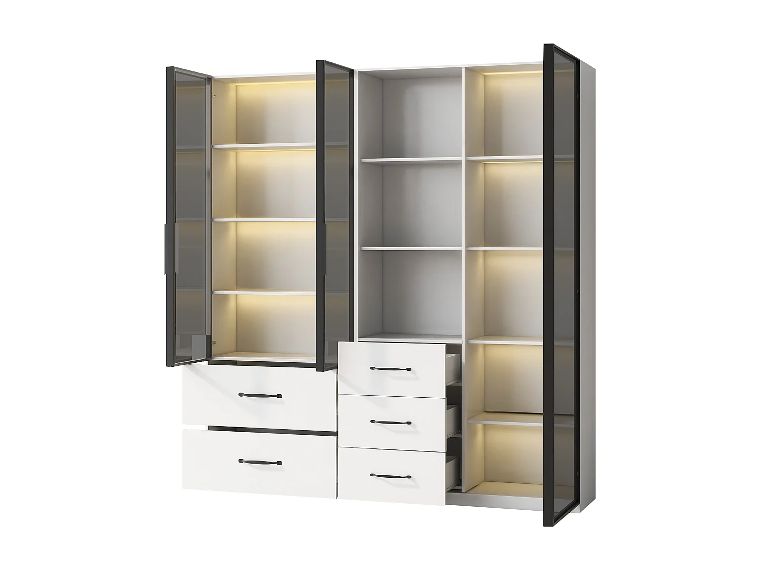 Vitrinekast 140×40×160 cm - met LED-verlichting - 3 glazen deuren - 5 laden - wit