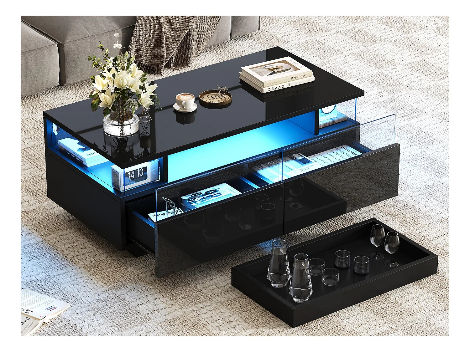 Hogglans salontafel 90×45×35,5 cm - 2 laden - met LED-verlichting - met gehard glas - zwart