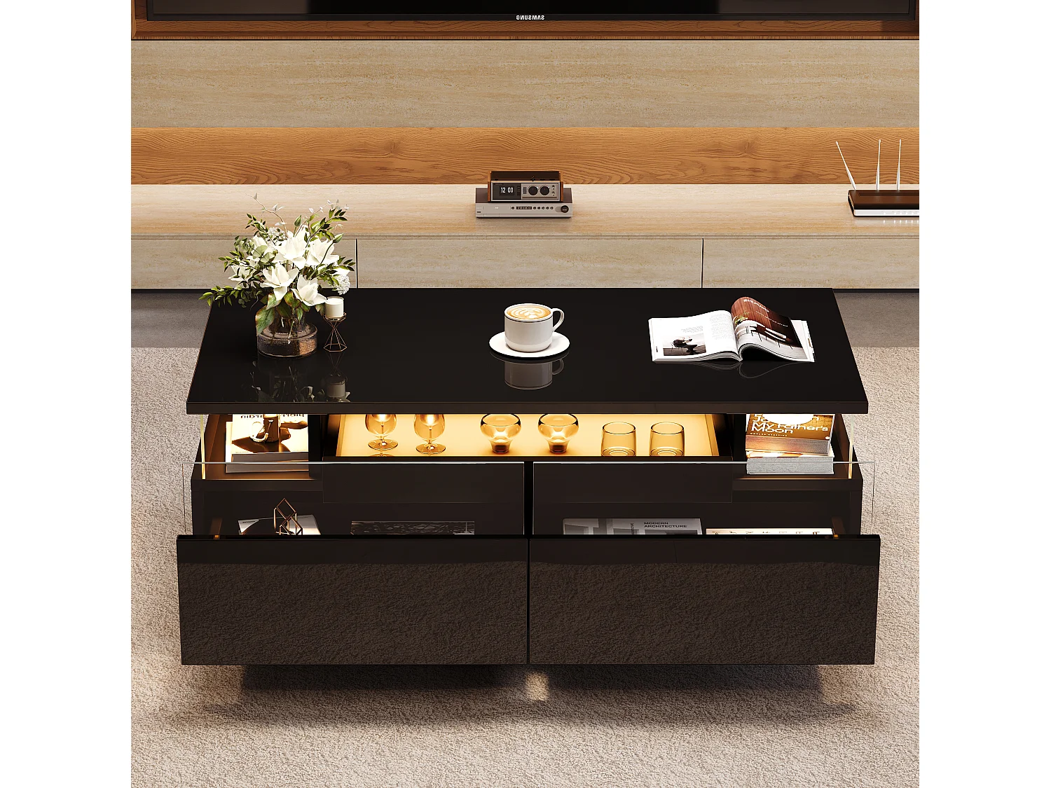 Table basse haute brillance 90x45x35,5 cm - 2 tiroirs - avec éclairage LED - avec verre trempé - noir