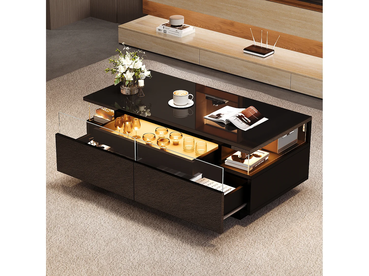 Table basse haute brillance 90x45x35,5 cm - 2 tiroirs - avec éclairage LED - avec verre trempé - noir