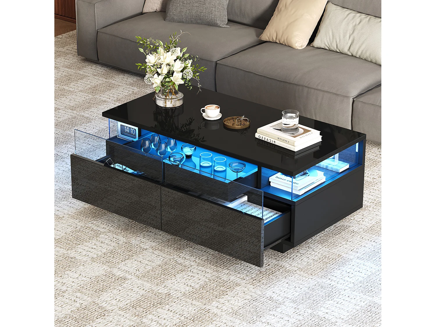Table basse haute brillance 90x45x35,5 cm - 2 tiroirs - avec éclairage LED - avec verre trempé - noir