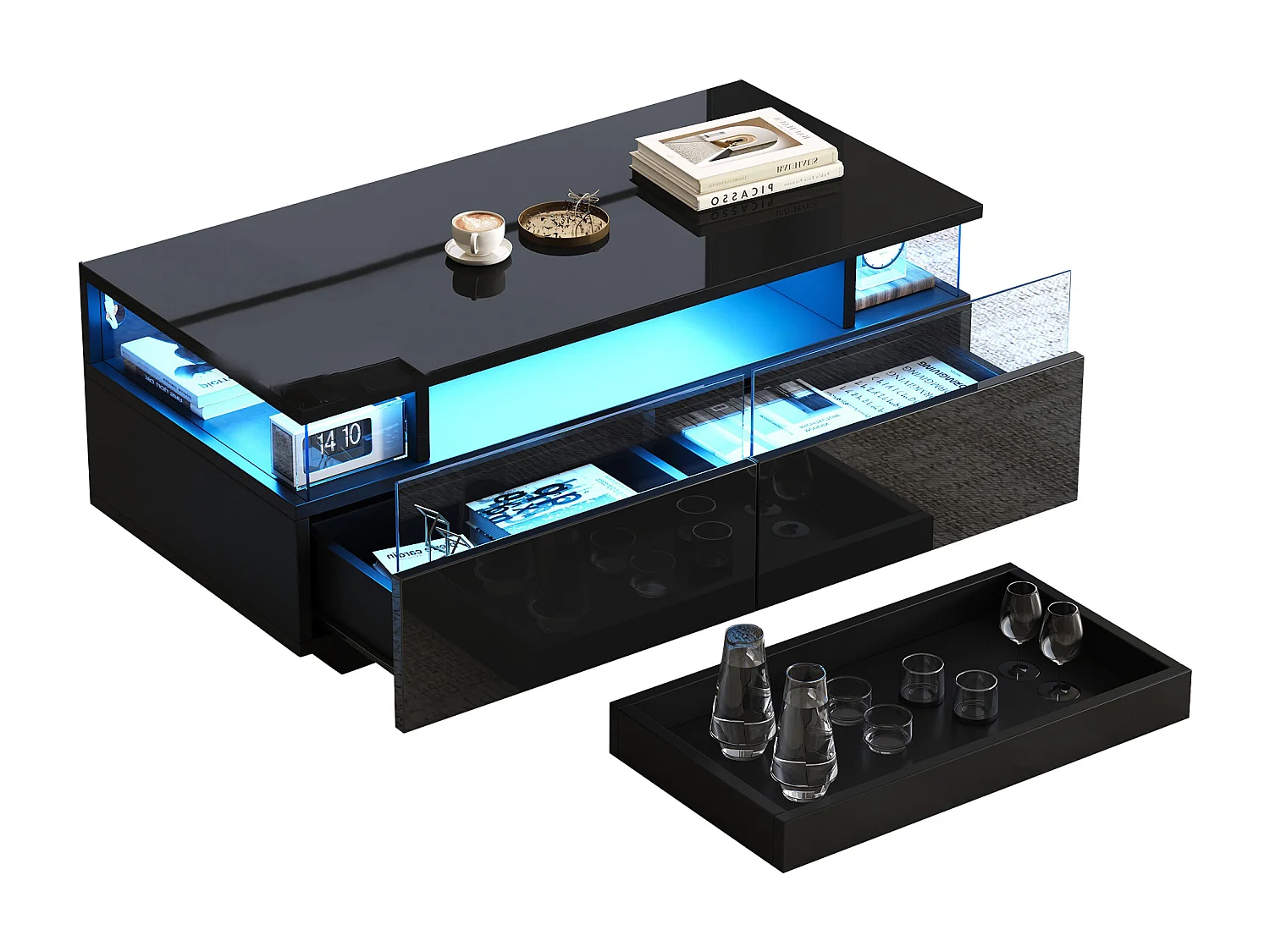 Table basse haute brillance 90x45x35,5 cm - 2 tiroirs - avec éclairage LED - avec verre trempé - noir
