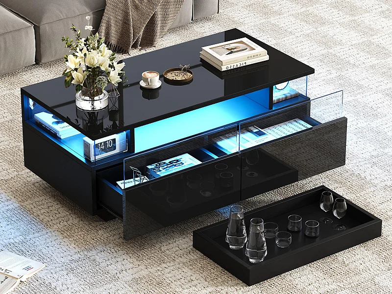 Table basse haute brillance 90x45x35,5 cm - 2 tiroirs - avec éclairage LED - avec verre trempé - noir