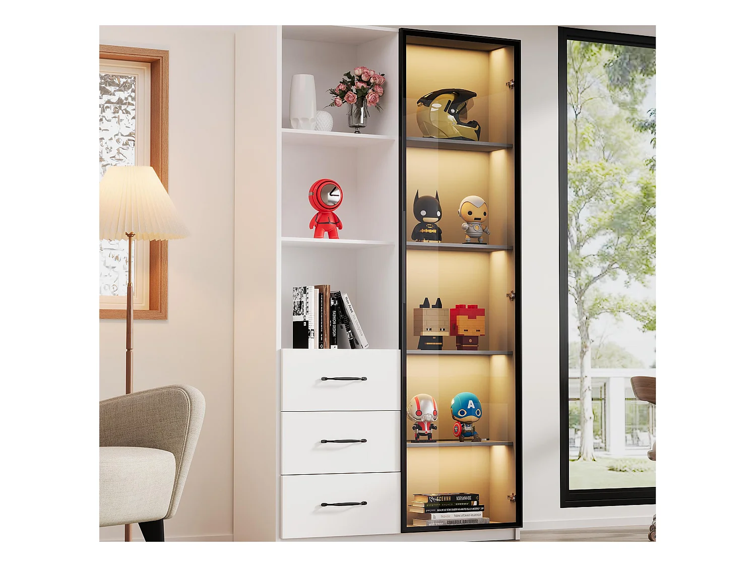 Vitrine 80x40x160 cm - avec 1 porte en verre trempé et 3 tiroirs - avec éclairage LED - 3 étagères ouverts - blanc