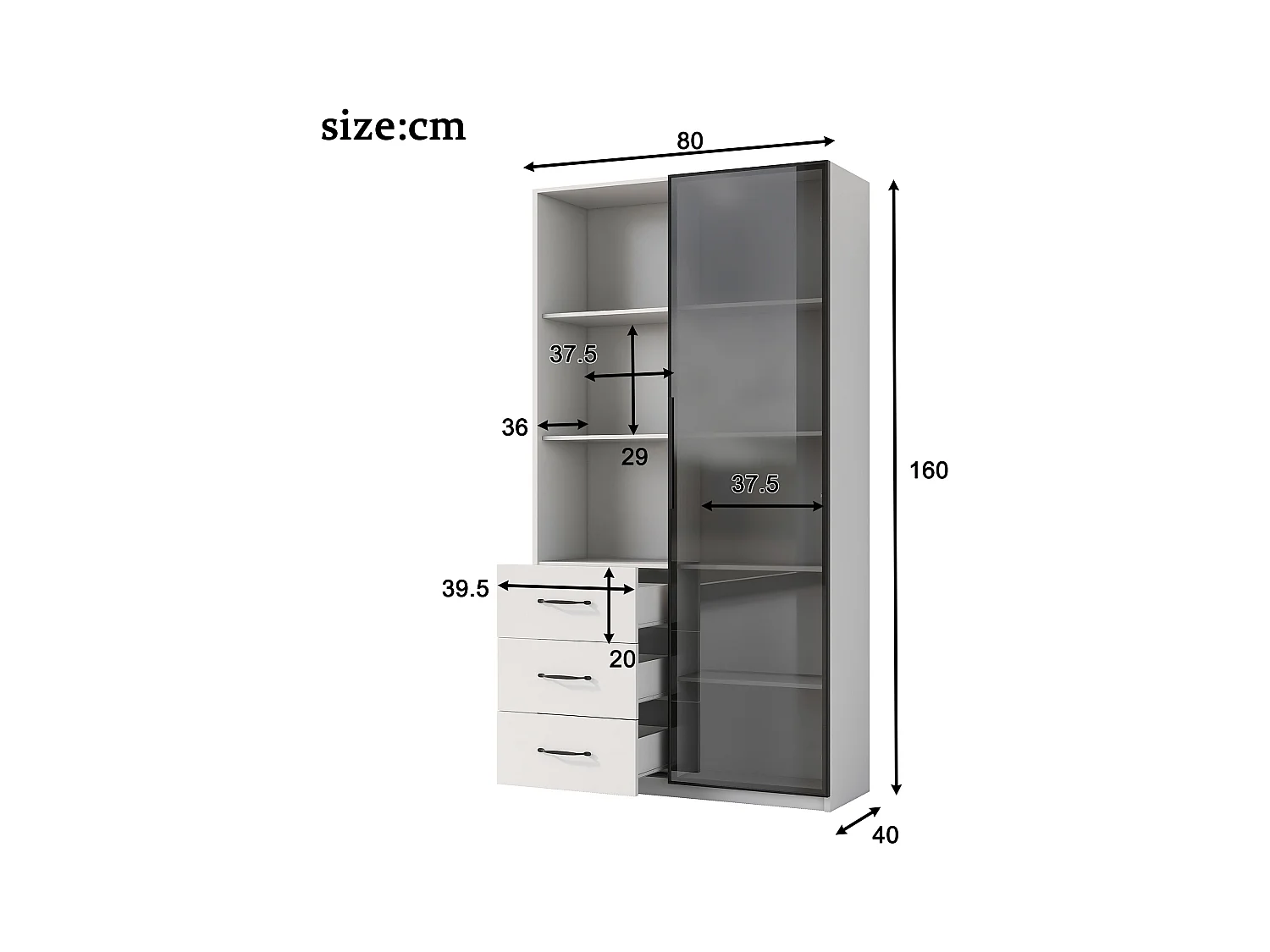 Vitrine 80x40x160 cm - avec 1 porte en verre trempé et 3 tiroirs - avec éclairage LED - 3 étagères ouverts - blanc